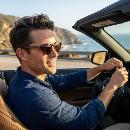 Hombre usando lentes sol Galapagos madera nogal polarizados Carey hombre conduciendo reduce fatiga ocular Bonoboss #editorial_banner #color_carey