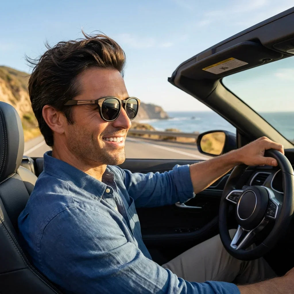 Hombre usando lentes sol Chiloe 0084 bio-acetato polarizados negro conduciendo reduce fatiga ocular carretera UV400 Bonoboss #editorial_detail1 #color_negro