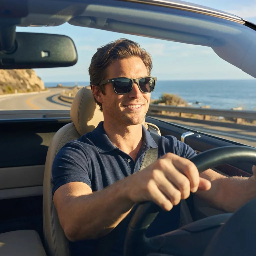 Hombre usando lentes sol Acacia Dark madera acacia polarizados negro conduciendo carretera proteccion solar UV400 Bonoboss #editorial_banner #color_negro