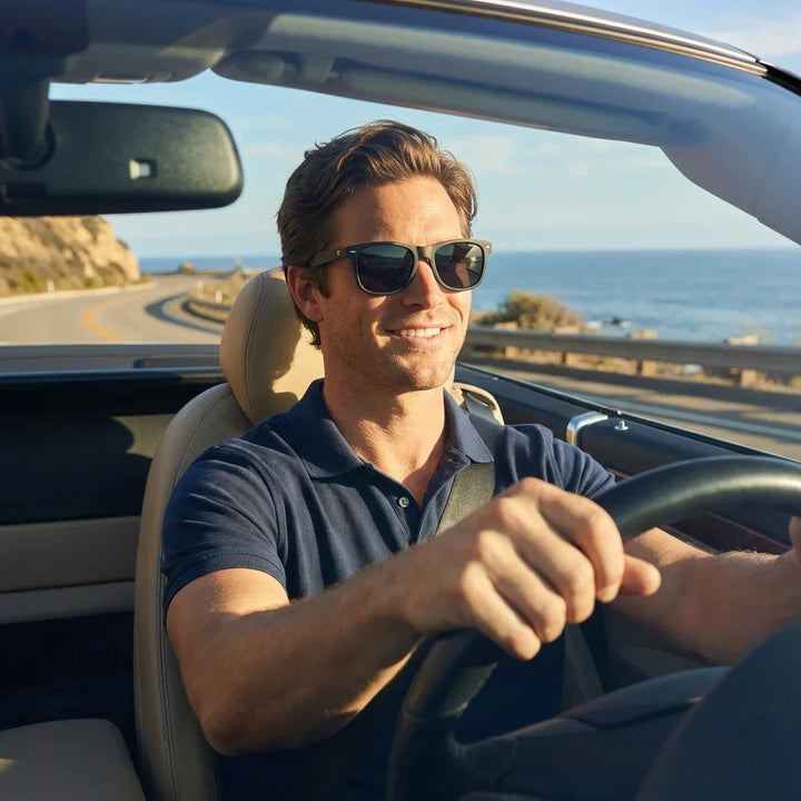 Men wearing lenses sun acacia dark wood acacia polarized black driving carretera sun protection UV400 bonoboss #editorial_banner #color_negro