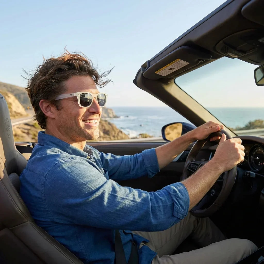 Hombre usando lentes sol Acacio rPET RPET reciclado polarizados transparente conduciendo proteccion solar UV400 Bonoboss #editorial_detail1 #color_transparente