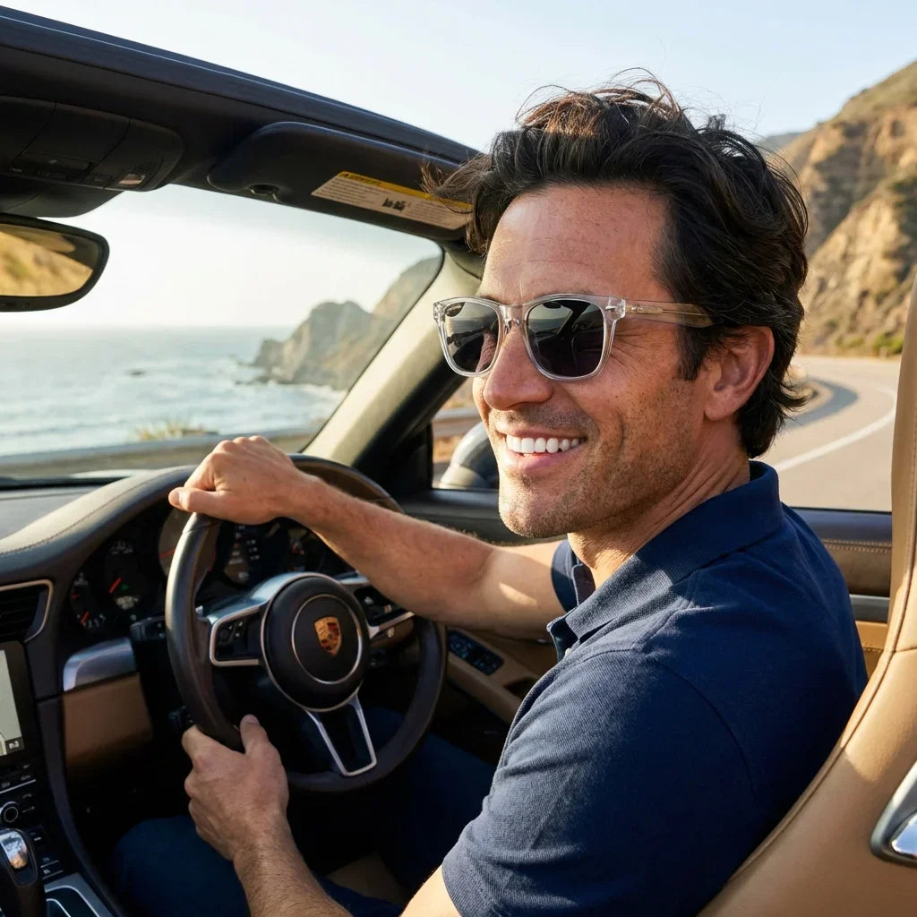 Hombre usando lentes sol Acacia XL Vintage Sol Polarizado polarizados transparente conduciendo proteccion solar UV400 Bonoboss #editorial_detail1 #color_transparente