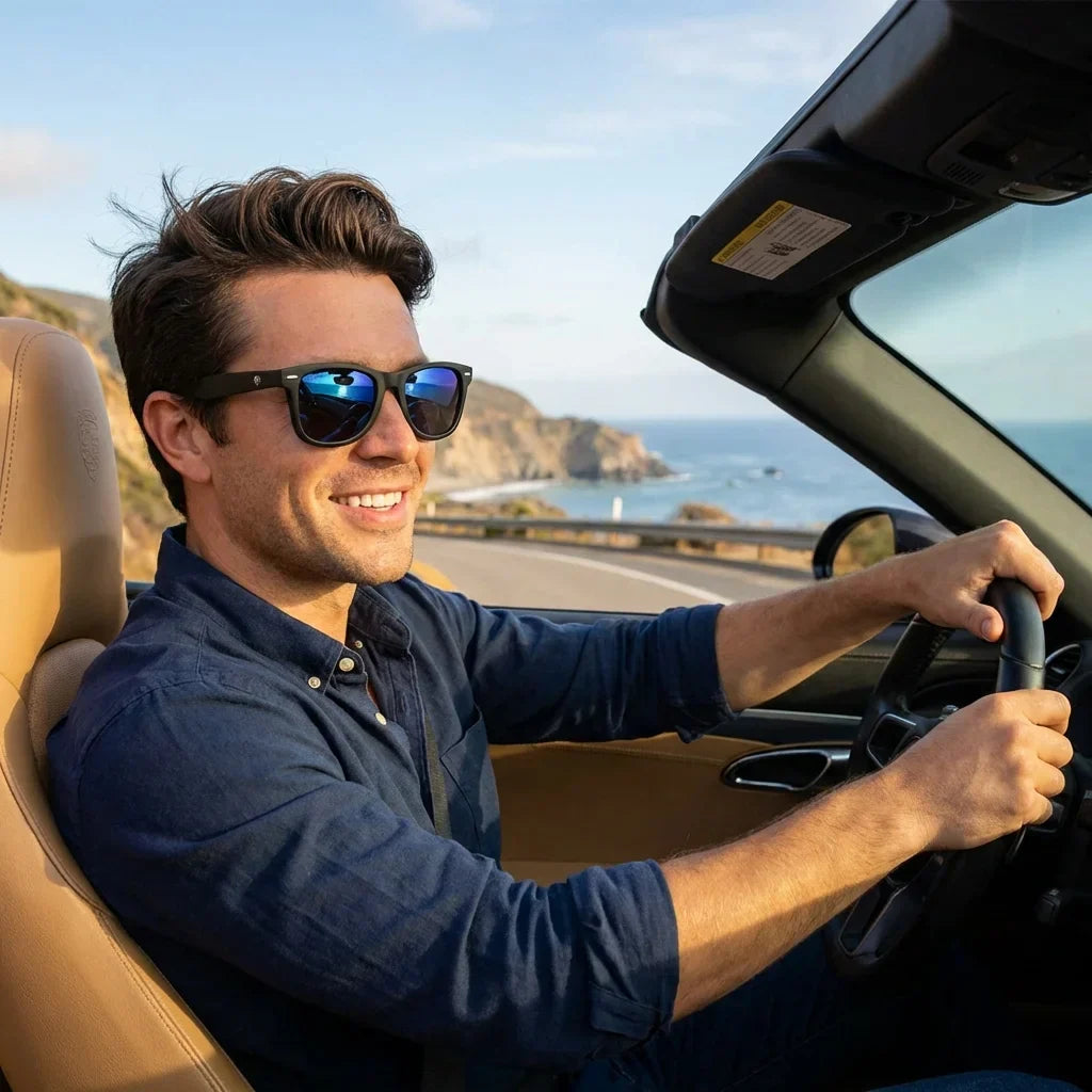 Hombre usando lentes sol Acacio rPET RPET reciclado polarizados sky conduciendo proteccion solar UV400 Bonoboss #editorial_detail1 #color_sky