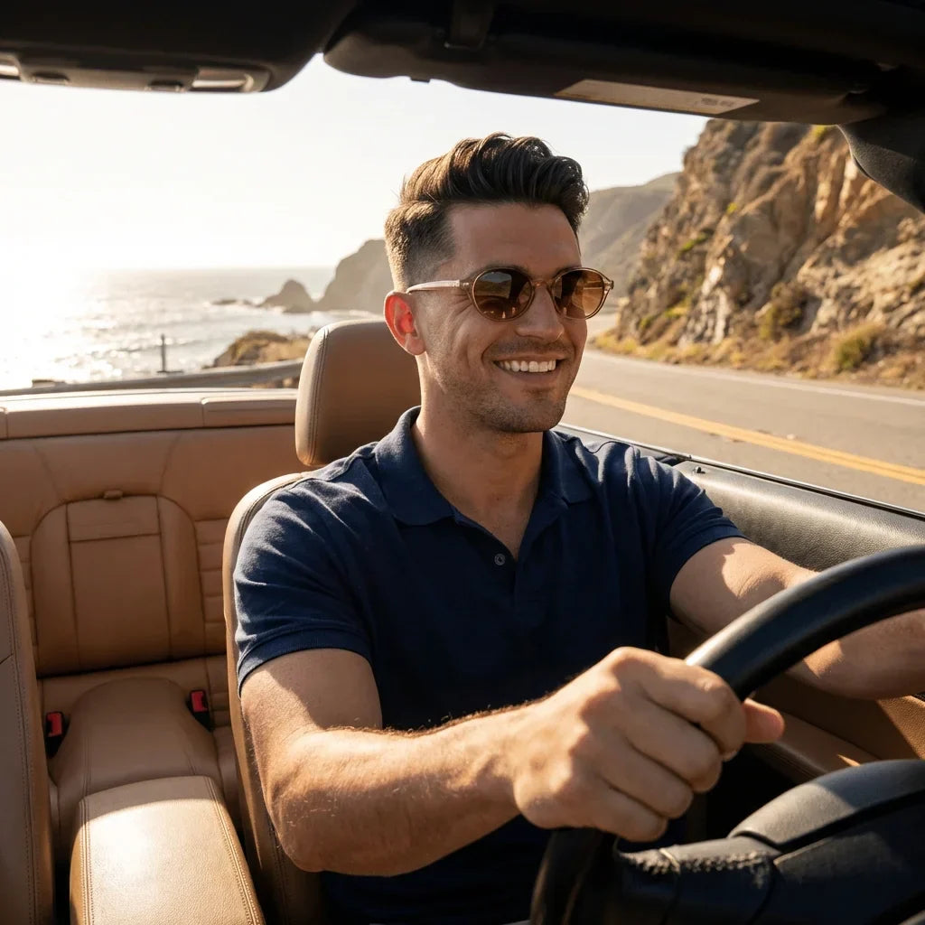 Hombre usando lentes sol Capri RPET reciclado polarizados champagne conduciendo mejora contraste carretera UV Bonoboss #editorial_detail1 #color_champagne