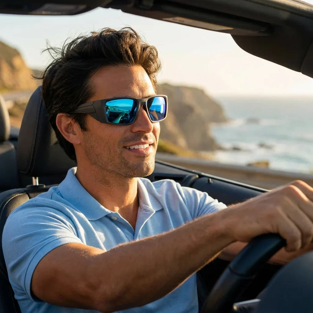 Hombre usando lentes sol Salmon Seeker bio-acetato polarizados sky conduciendo outdoor carretera aventura UV400 Bonoboss #editorial_banner #color_sky