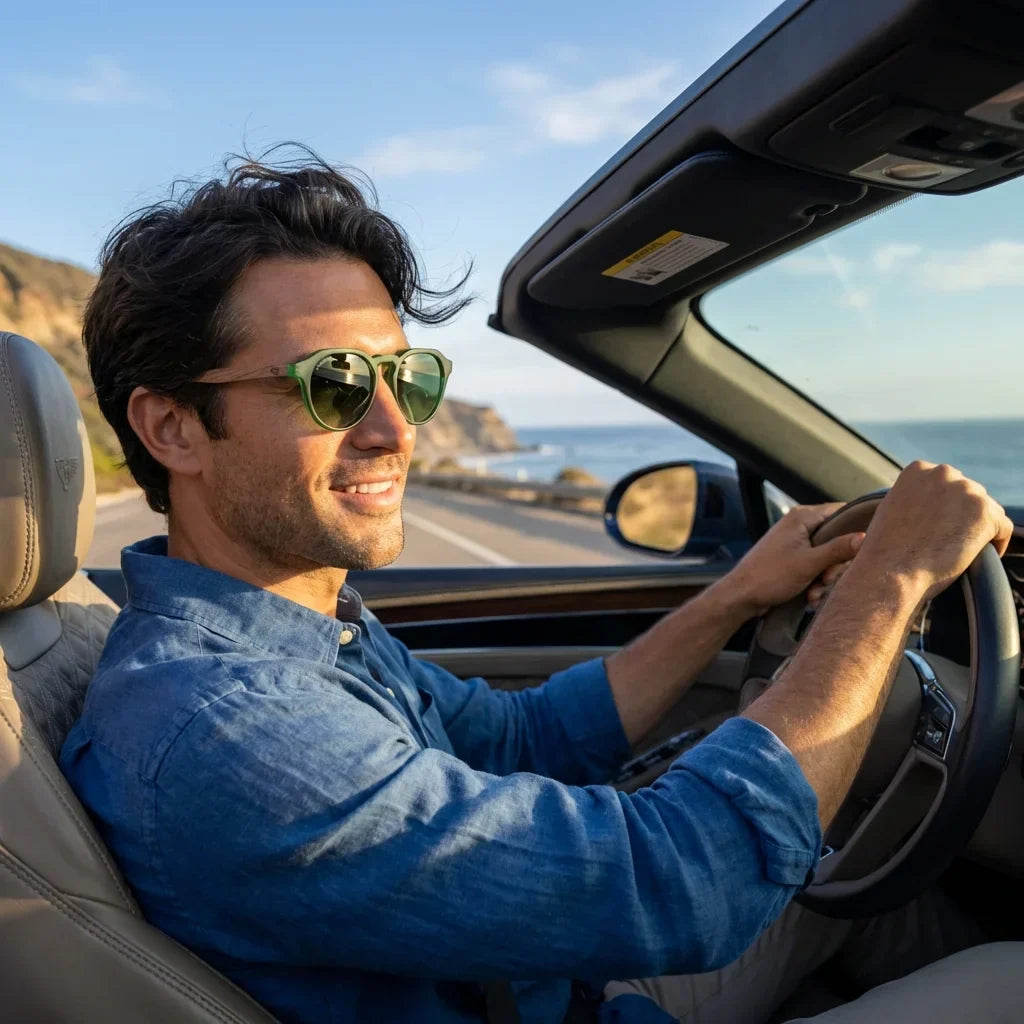 Hombre usando lentes sol Galapagos acetato madera polarizados forest conduciendo proteccion solar UV400 Bonoboss #editorial_detail1 #color_forest