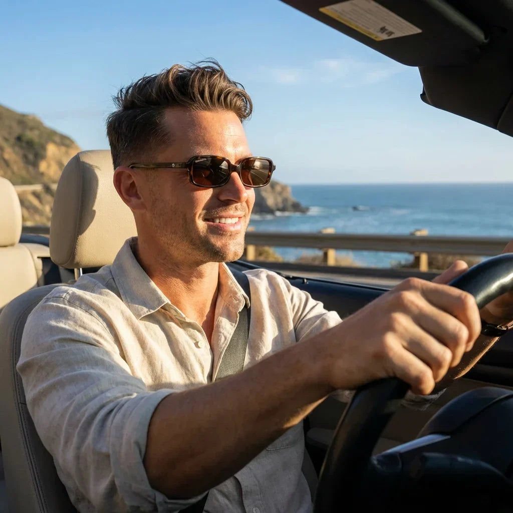 Hombre usando lentes sol Navarino bio-acetato polarizados carey conduciendo reduce fatiga ocular carretera UV400 Bonoboss #editorial_detail1 #color_carey