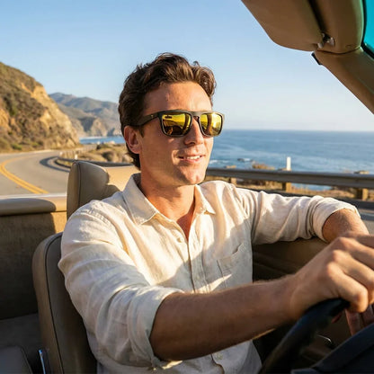 Hombre usando lentes sol Lautaro Dark acetato polarizados espejado dorado conduciendo proteccion solar UV400 Bonoboss #editorial_detail1 #color_espejado-dorado