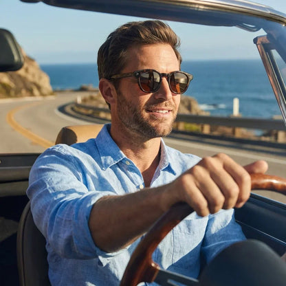 Hombre usando lentes sol Lenga bio-acetato polarizados Carey hombre conduciendo reduce fatiga ocular Bonoboss #editorial_banner #color_carey