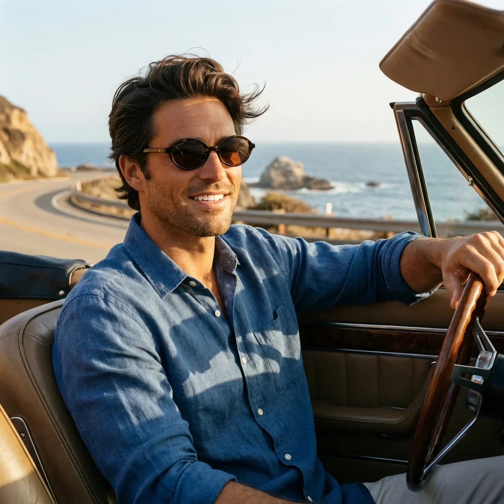 Hombre usando lentes sol Guapi Island bio-acetato polarizados carey conduciendo mejora contraste carretera UV Bonoboss #editorial_detail1 #color_carey