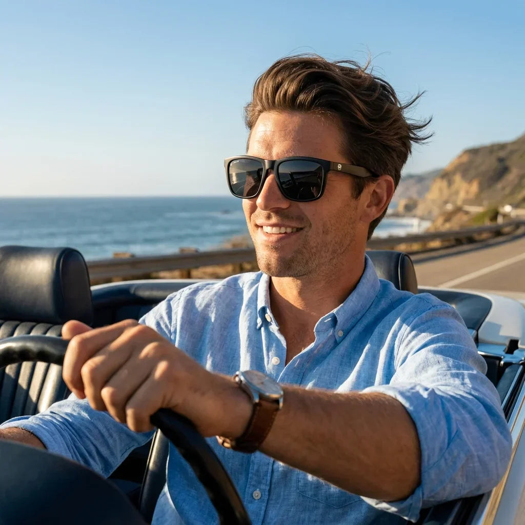 Hombre usando lentes sol Rapanui RPET reciclado polarizados dark conduciendo reduce fatiga ocular UV400 Bonoboss #editorial_detail1 #color_dark