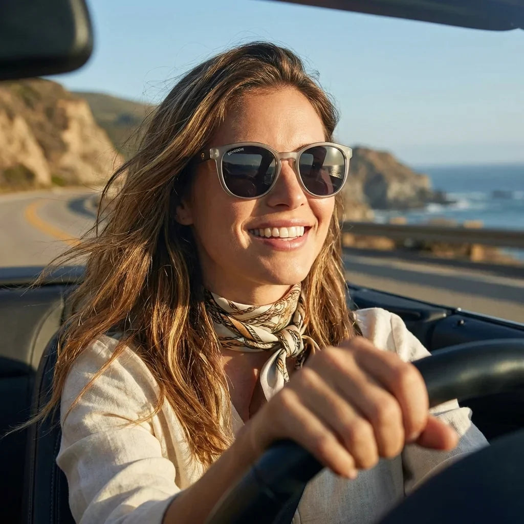 Mujer usando lentes sol Meli TSP bio-acetato TSP polarizados negro conduciendo mejora contraste UV400 Bonoboss #editorial_banner #color_negro