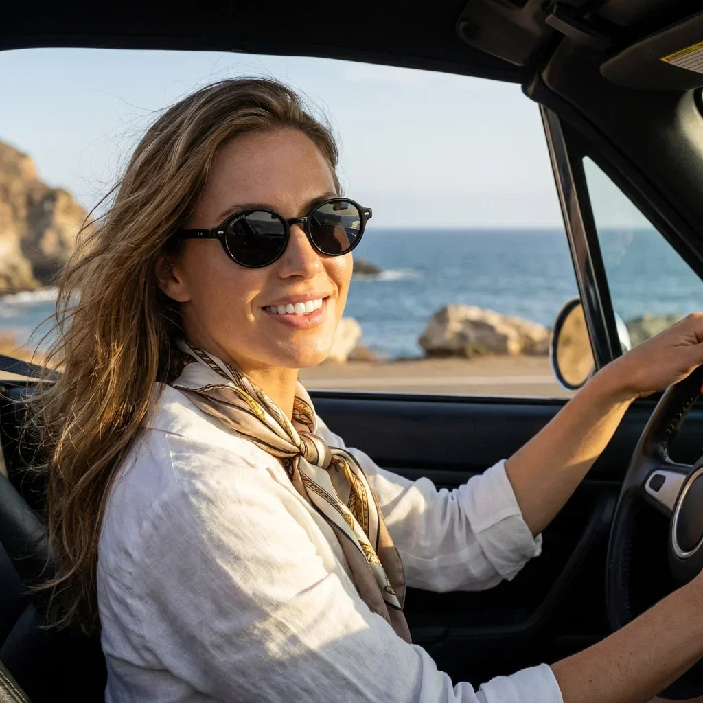 Mujer usando lentes sol Capri RPET reciclado polarizados black conduciendo reduce fatiga ocular UV400 Bonoboss #editorial_detail1 #color_black