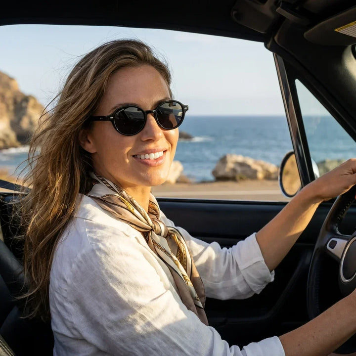 Women wearing lenses sun capri rpet recycled polarized black driving reduces eye fatigue UV400 bonoboss #editorial_detail1 #color_black