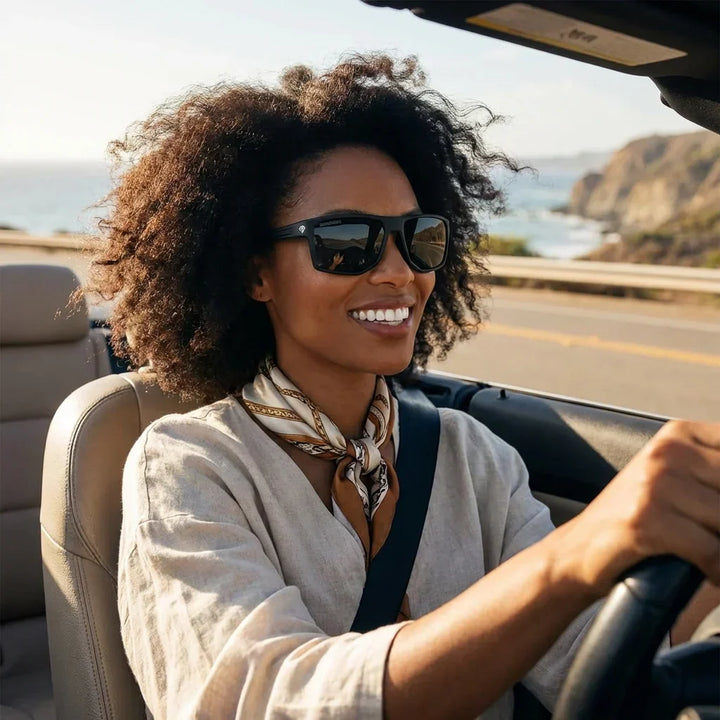 Women wearing lenses sun ollie bio-acetate polarized black driving reduces eye fatigue UV400 bonoboss #editorial_detail1 #color_negro