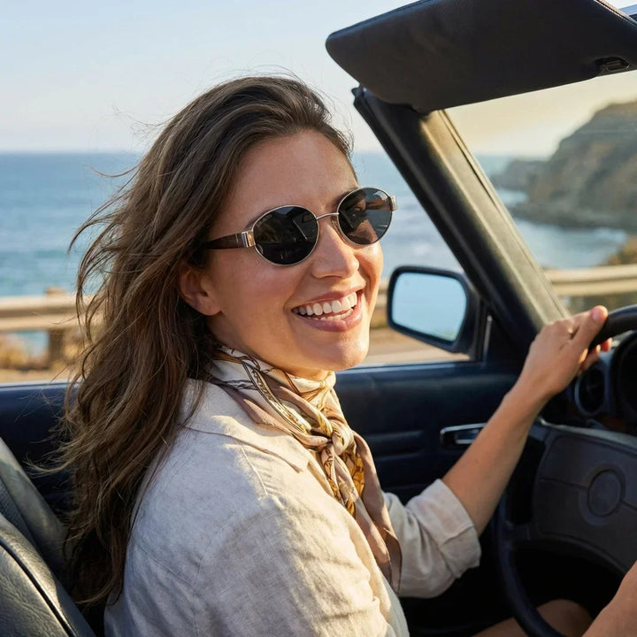 Women wearing lenses sun new lennon bio-acetate polarized silver driving reduces eye fatigue carretera UV400 bonoboss #editorial_detail1 #color_silver