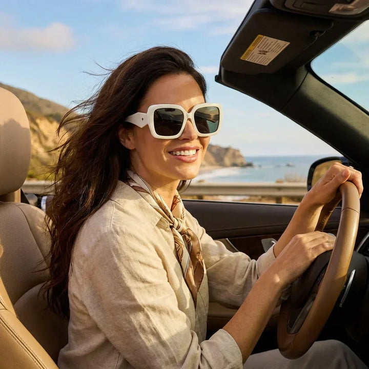 Women wearing lenses sun alaska polarized white driving sun protection UV400 bonoboss #editorial_sustentabilidad #color_blanco
