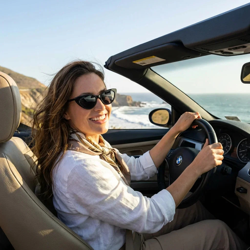 Mujer usando lentes sol Audrey Red polarizados negro conduciendo proteccion solar UV400 Bonoboss #editorial_detail1 #color_negro
