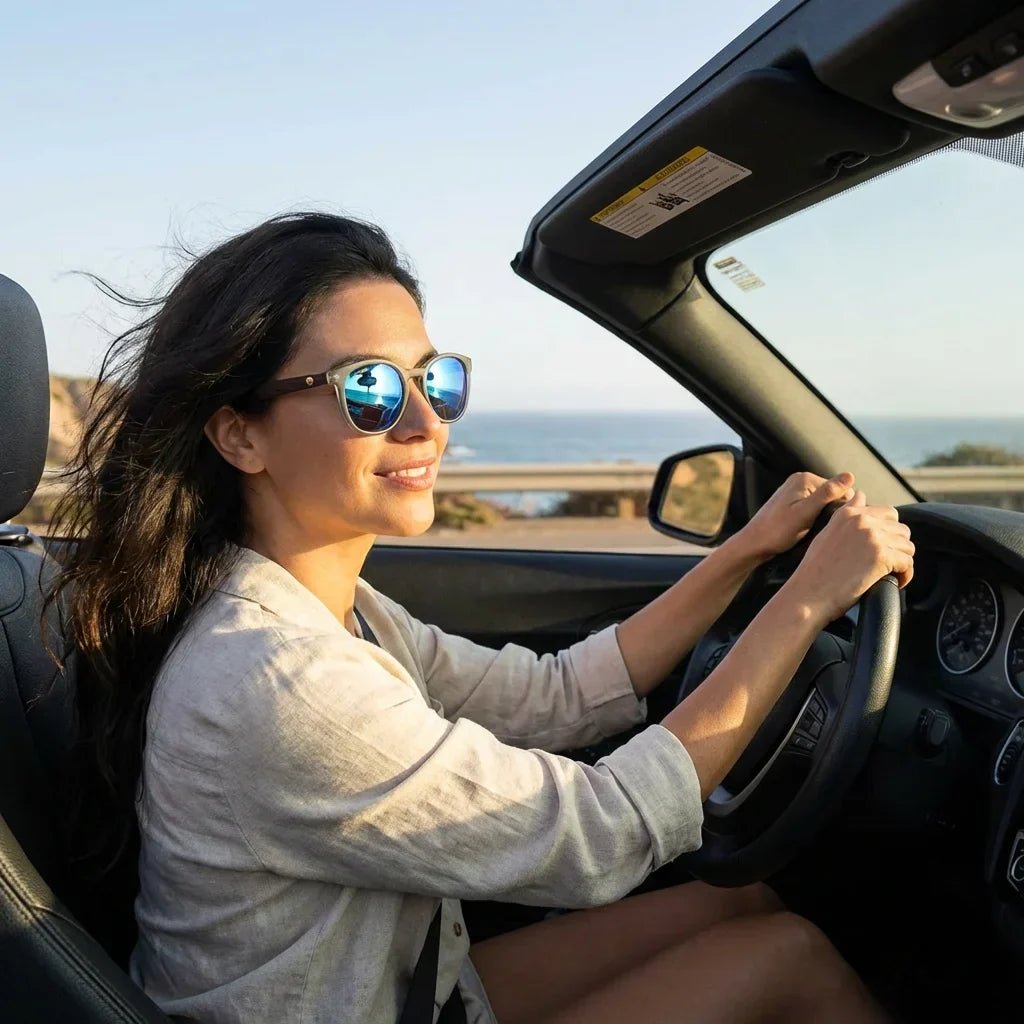 Mujer usando lentes sol Meli TSP bio-acetato TSP polarizados espejado azul conduciendo costa UV400 Bonoboss #editorial_banner #color_espejado-azul