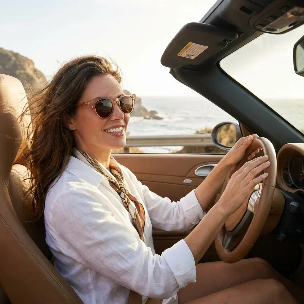 Mujer usando lentes sol Meli bio-acetato polarizados lightsalmon conduciendo proteccion solar UV400 estilo Bonoboss #editorial_detail1 #color_lightsalmon