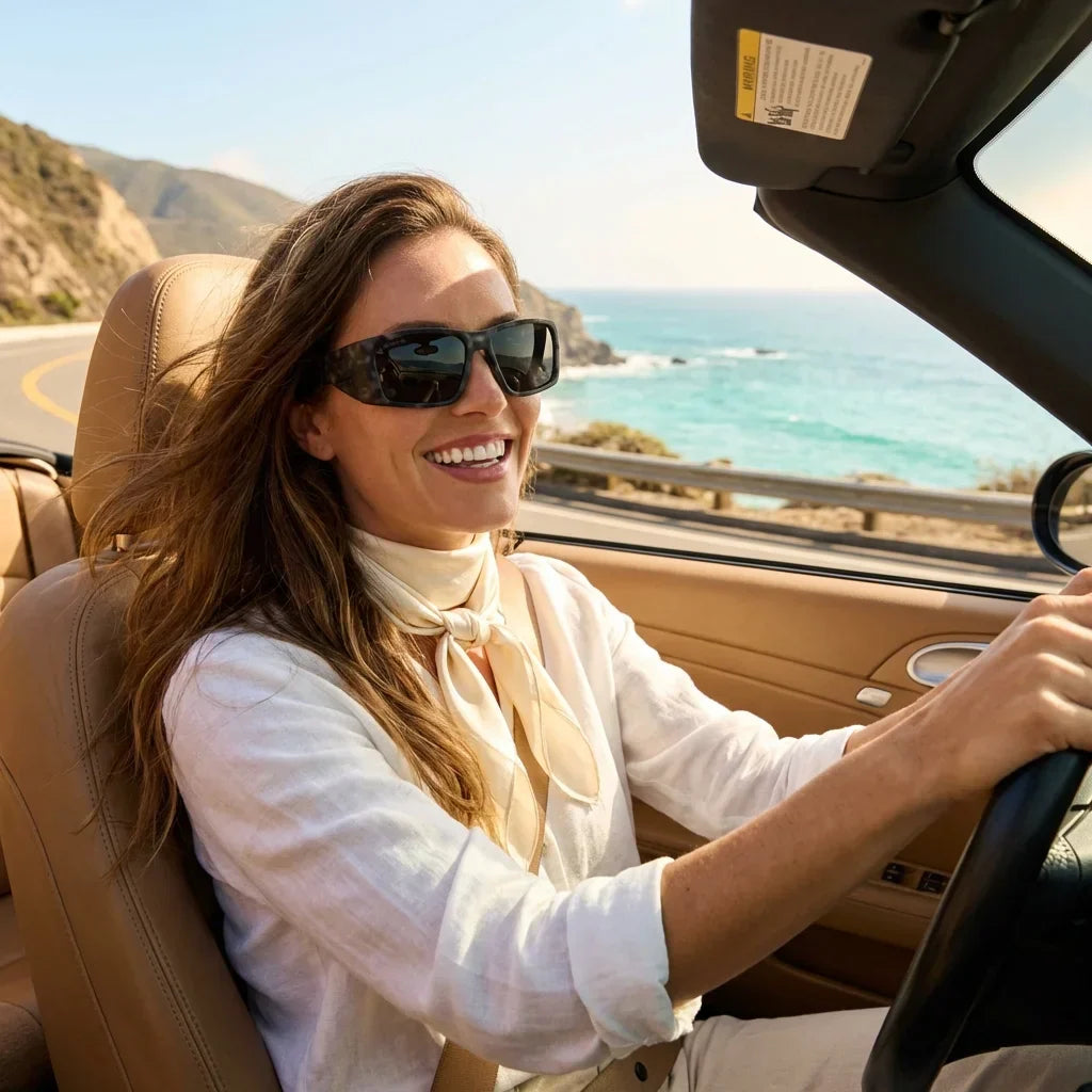 Mujer usando lentes sol Salmon Seeker bio-acetato polarizados dark camo conduciendo outdoor aventura UV400 Bonoboss #editorial_detail1 #color_dark-camo