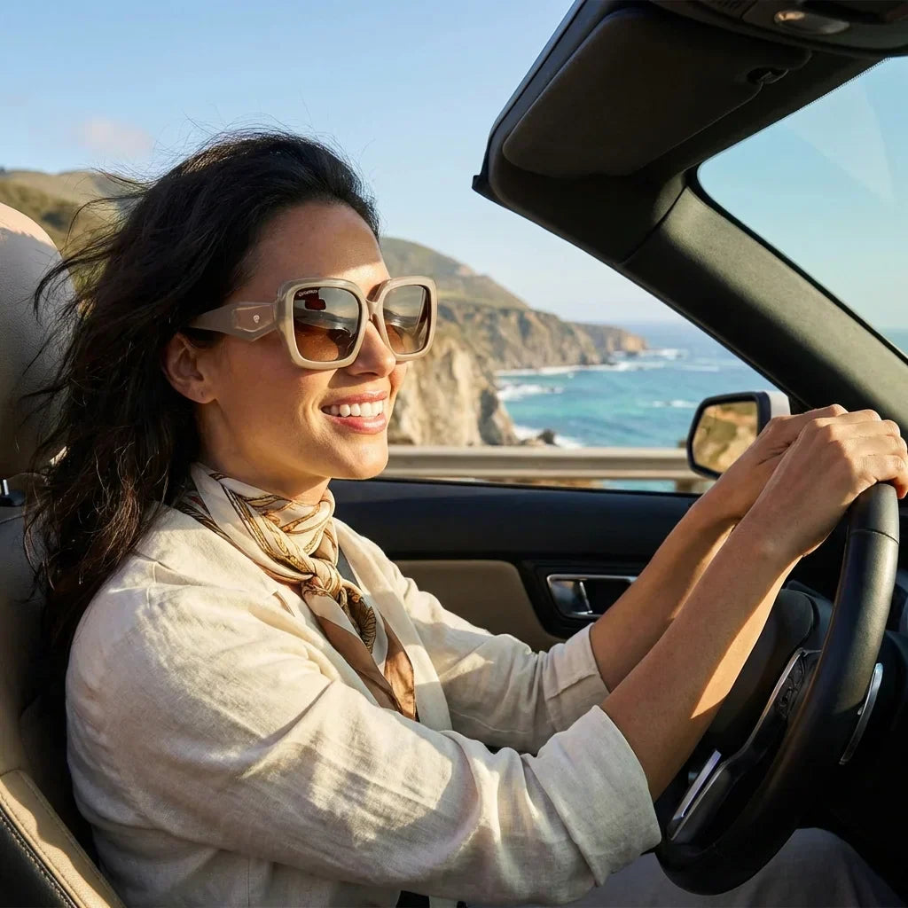 Mujer usando lentes sol Alaska polarizados brown conduciendo proteccion solar UV400 Bonoboss #editorial_detail1 #color_brown
