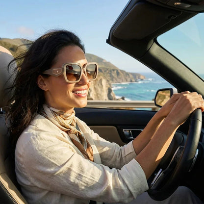 Mujer usando lentes sol Alaska polarizados brown conduciendo proteccion solar UV400 Bonoboss #editorial_detail1 #color_brown