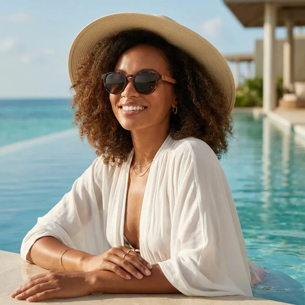 Women wearing lenses sun paine bio-acetate polarized tortoise resort piscina lifestyle verano UV protection bonoboss #editorial_banner #color_carey