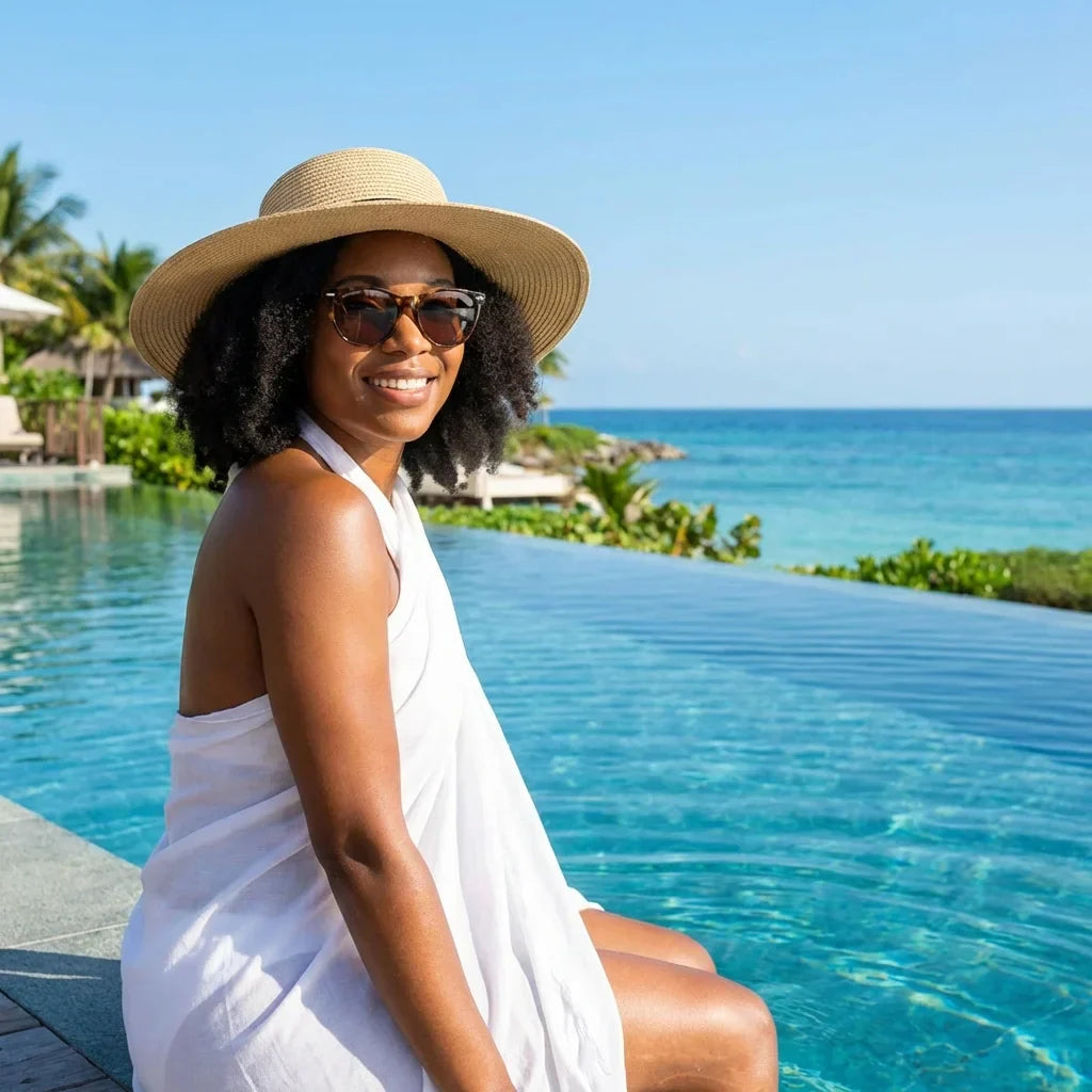 Mujer usando lentes sol Hanga Roa bio-acetato polarizados carey resort piscina lifestyle verano sustentable Bonoboss #editorial_sustentabilidad #color_carey