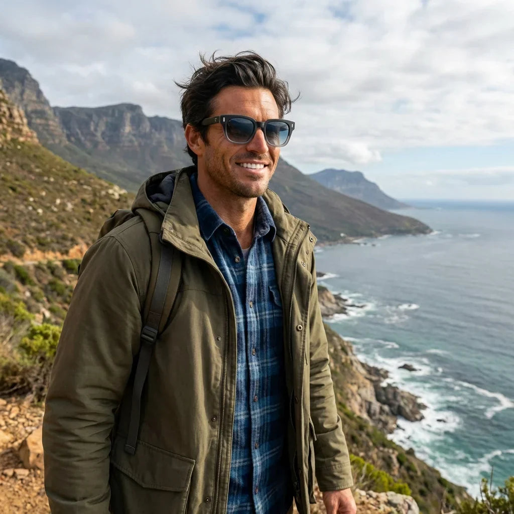 Hombre usando lentes sol Osorno RPET reciclado grad black aventura outdoor sendero naturaleza proteccion Bonoboss #editorial_sustentabilidad #color_black