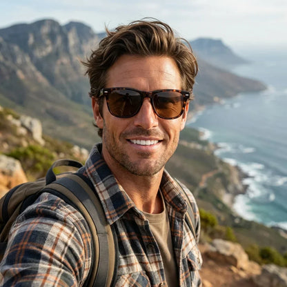Hombre usando lentes sol Acacia XL Vintage Sol Polarizado polarizados carey aventura outdoor montaña naturaleza Bonoboss #editorial_sustentabilidad #color_carey