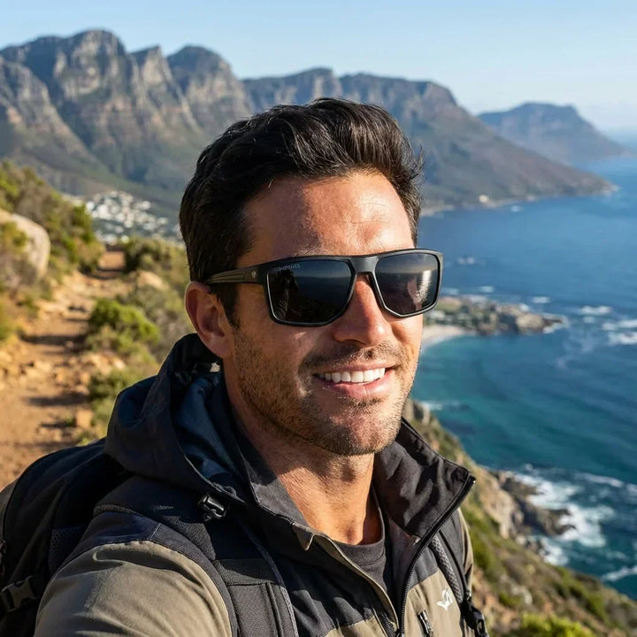 Men wearing lenses sun ollie bio-acetate polarized black aventura outdoor sendero naturaleza UV protection bonoboss #editorial_sustentabilidad #color_negro