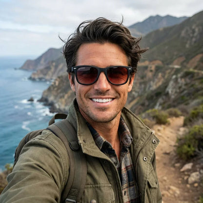 Hombre usando lentes sol Acacio rPET RPET reciclado polarizados rojo aventura outdoor montaña naturaleza Bonoboss #editorial_sustentabilidad #color_rojo