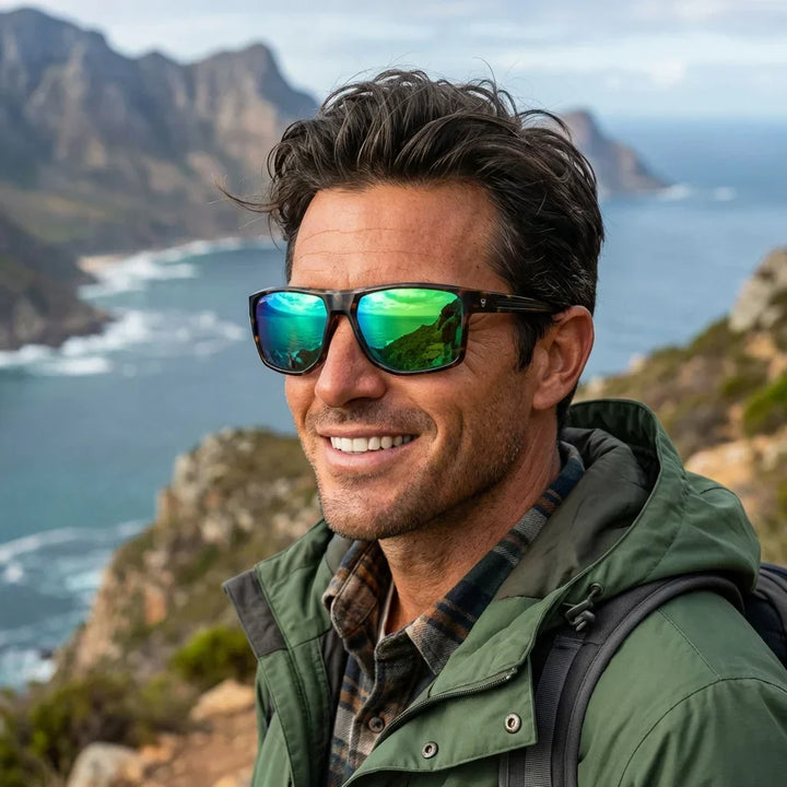 Men wearing lenses sun ollie bio-acetate polarized mirrored green aventura outdoor naturaleza activa bonoboss #editorial_sustentabilidad #color_espejado-verde