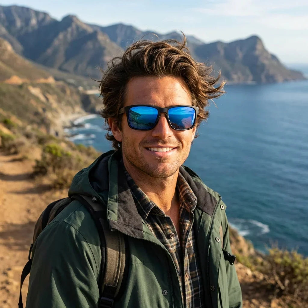 Hombre usando lentes sol Lautaro RPET RPET reciclado polarizados azul aventura outdoor montaña naturaleza Bonoboss #editorial_sustentabilidad #color_azul