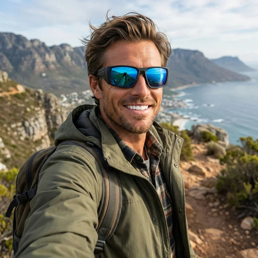 Hombre usando lentes sol Salmon Seeker bio-acetato polarizados sky aventura outdoor pesca fly fishing naturaleza Bonoboss #editorial_sustentabilidad #color_sky