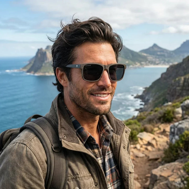 Men wearing lenses sun keule xl wood polarized cacao aventura outdoor sendero naturaleza UV protection bonoboss #editorial_banner #color_cacao