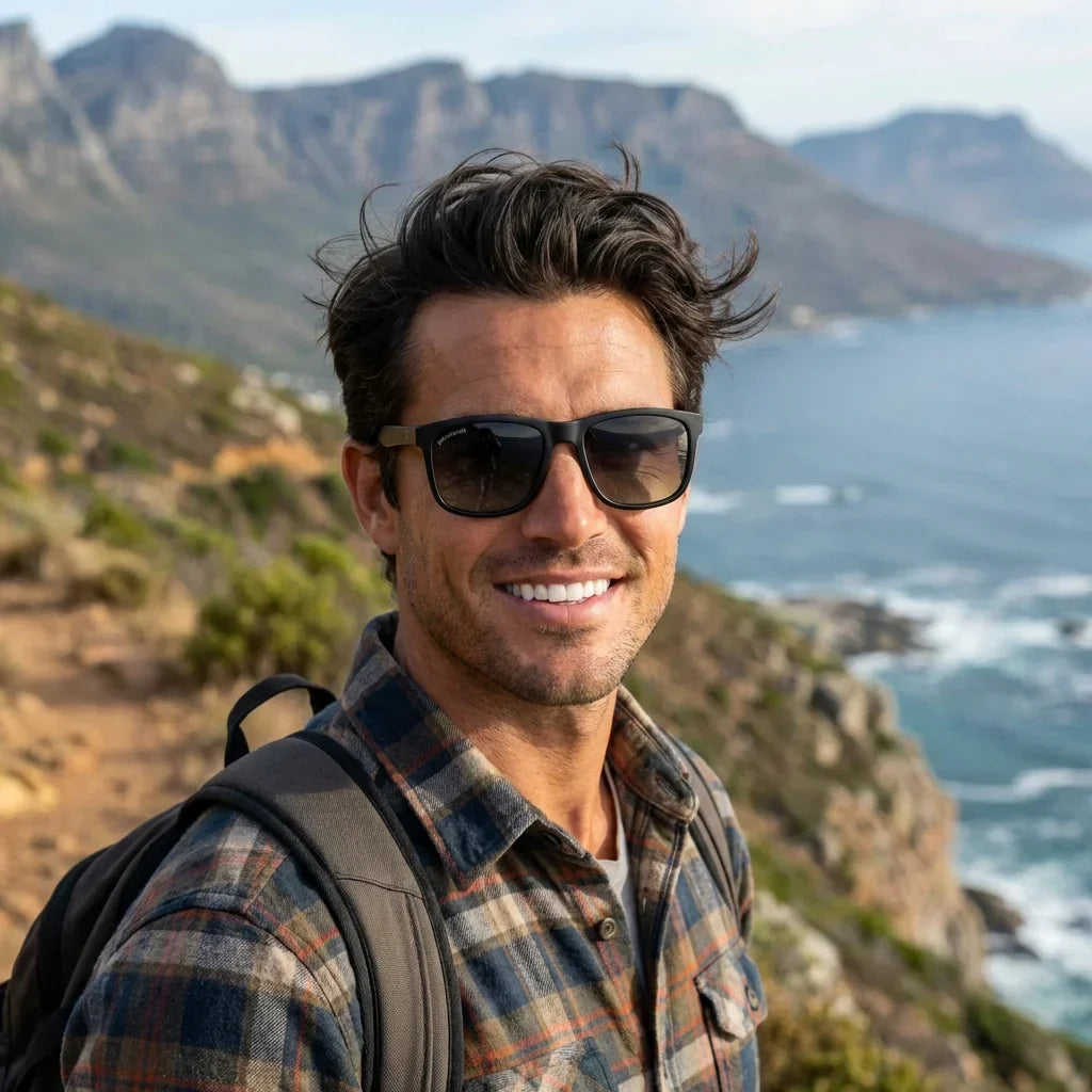 Men wearing lenses sun rapanui rpet recycled polarized black aventura outdoor montaña sustainable nature bonoboss #editorial_sustentabilidad #color_black