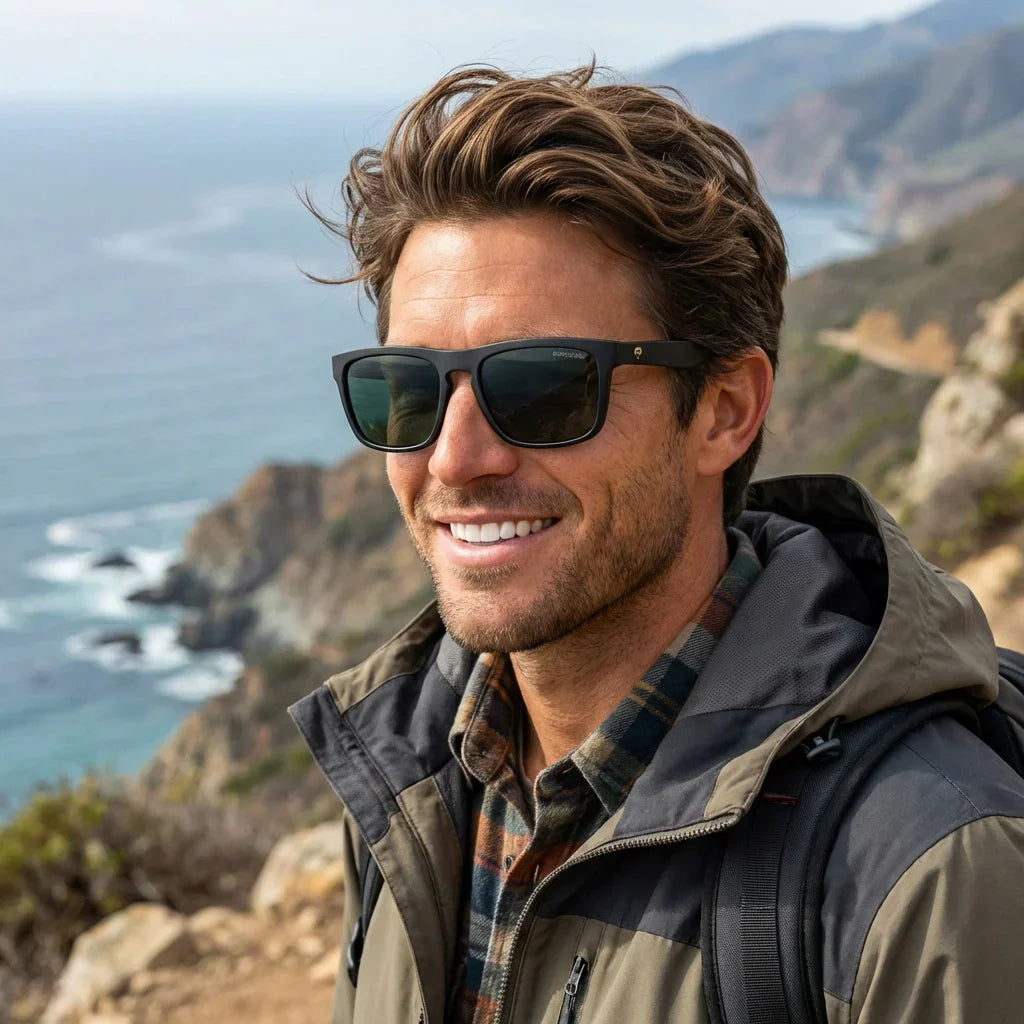 Hombre usando lentes sol Lautaro Dark acetato polarizados G15 aventura outdoor montaña naturaleza Bonoboss #editorial_sustentabilidad #color_g15
