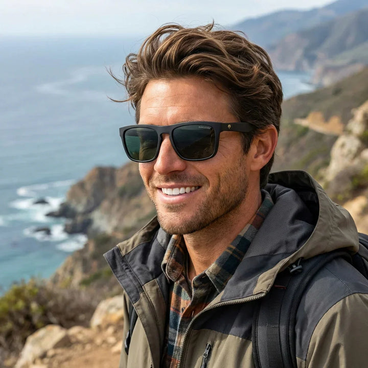 Men wearing lenses sun lautaro dark acetate polarized g15 aventura outdoor montaña naturaleza bonoboss #editorial_sustentabilidad #color_g15