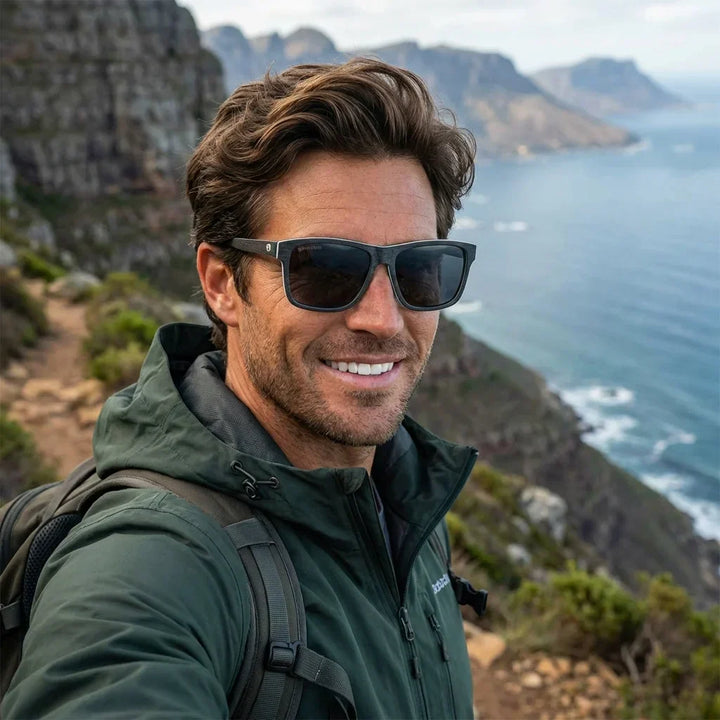 Men wearing lenses sun keule xl wood polarized darkblue aventura outdoor sendero naturaleza UV protection bonoboss #editorial_banner #color_darkblue