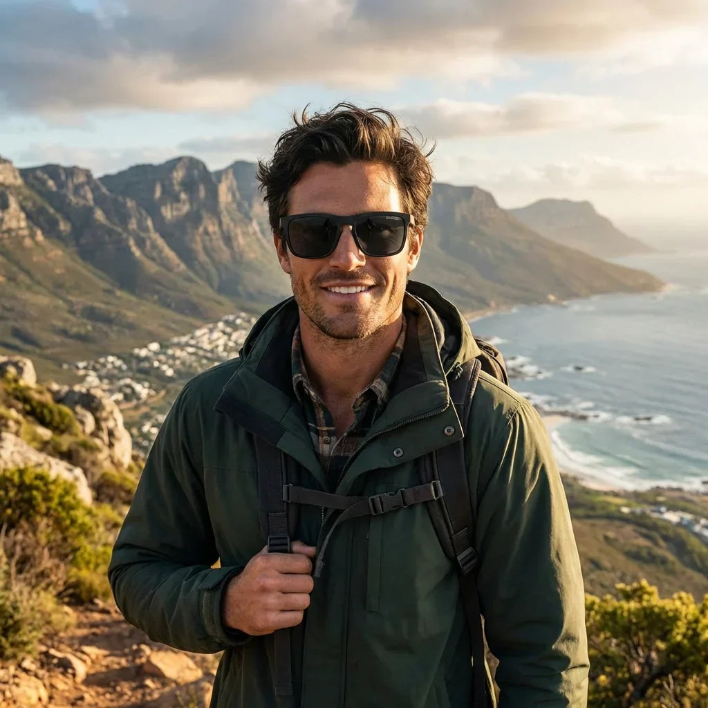 Hombre usando lentes sol Lautaro Dark acetato polarizados negro aventura outdoor montaña naturaleza Bonoboss #editorial_sustentabilidad #color_negro