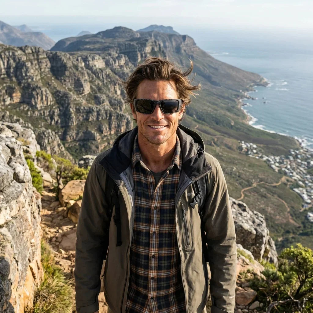 Hombre usando lentes sol Salmon Seeker bio-acetato polarizados dark camo aventura outdoor pesca fly fishing Bonoboss #editorial_sustentabilidad #color_dark-camo