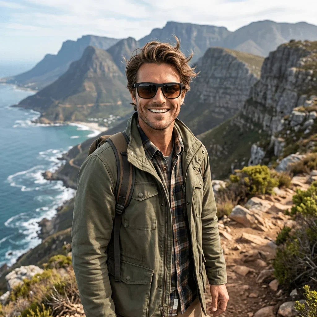 Hombre usando lentes sol Lautaro Dark acetato polarizados flash silver aventura outdoor montaña naturaleza Bonoboss #editorial_sustentabilidad #color_flash-silver