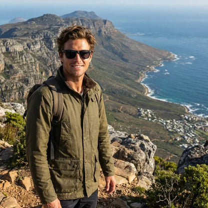 Hombre usando lentes sol Acacia Dark madera acacia polarizados negro aventura outdoor naturaleza sendero proteccion UV Bonoboss #editorial_sustentabilidad #color_negro