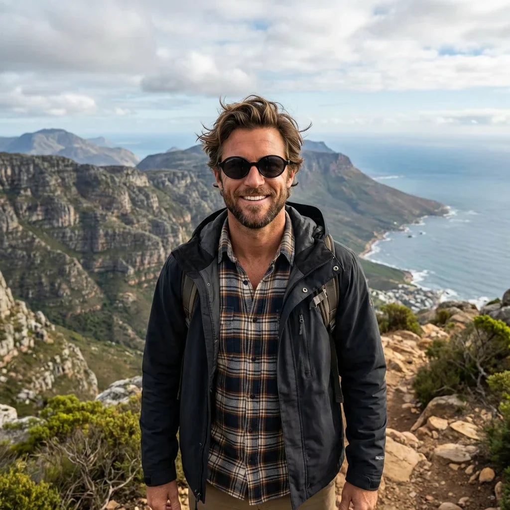 Hombre usando lentes sol Guapi Island bio-acetato polarizados negro aventura outdoor naturaleza proteccion UV Bonoboss #editorial_sustentabilidad #color_negro