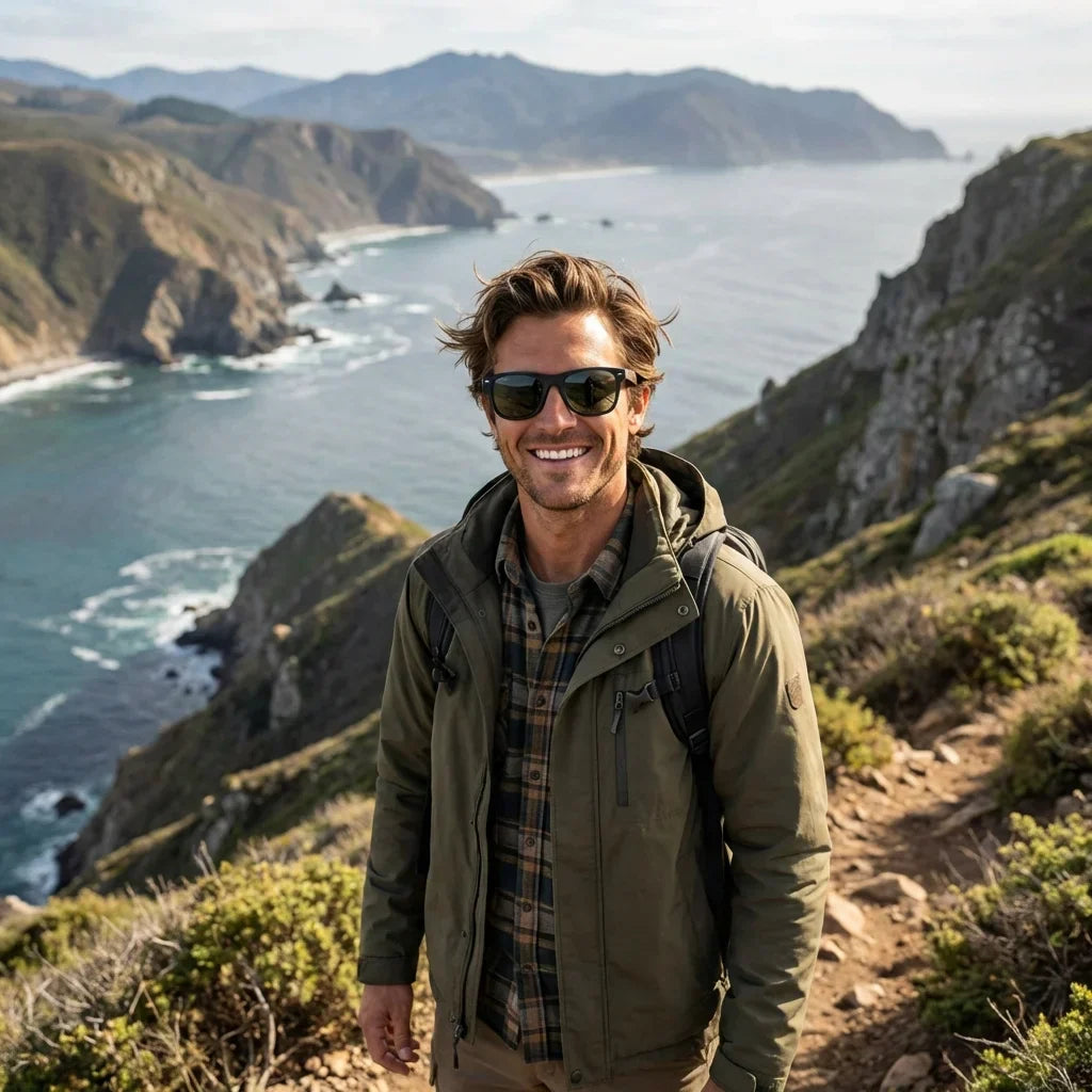 Hombre usando lentes sol Acacia Nogal polarizados G15 aventura outdoor montaña naturaleza Bonoboss #editorial_sustentabilidad #color_g15