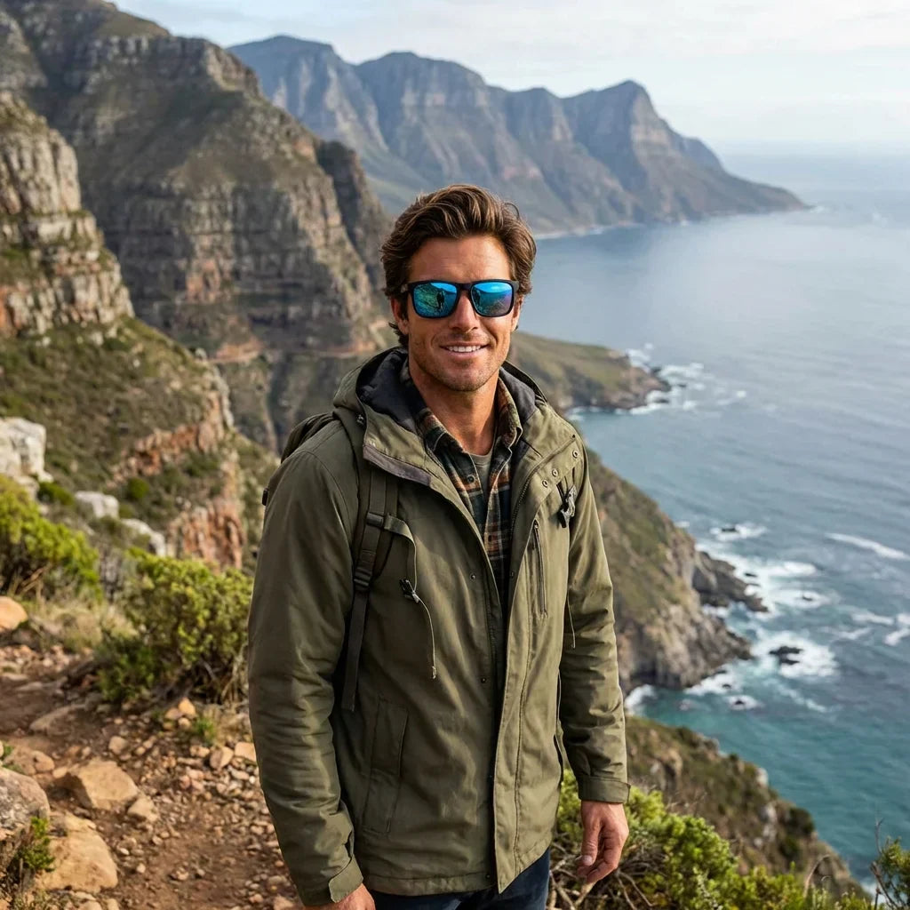 Hombre usando lentes sol Lautaro Dark Designer's madera polarizados waves-sky aventura outdoor sendero naturaleza proteccion UV Bonoboss #editorial_detail1 #color_waves-sky