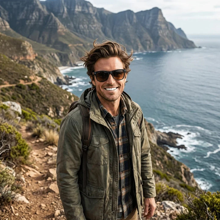 Men wearing lenses sun acacia nogal polarized gradient brown aventura outdoor montaña naturaleza bonoboss #editorial_sustentabilidad #color_gradiente-cafe