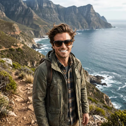 Hombre usando lentes sol Acacia Nogal polarizados gradiente cafe aventura outdoor montaña naturaleza Bonoboss #editorial_sustentabilidad #color_gradiente-cafe